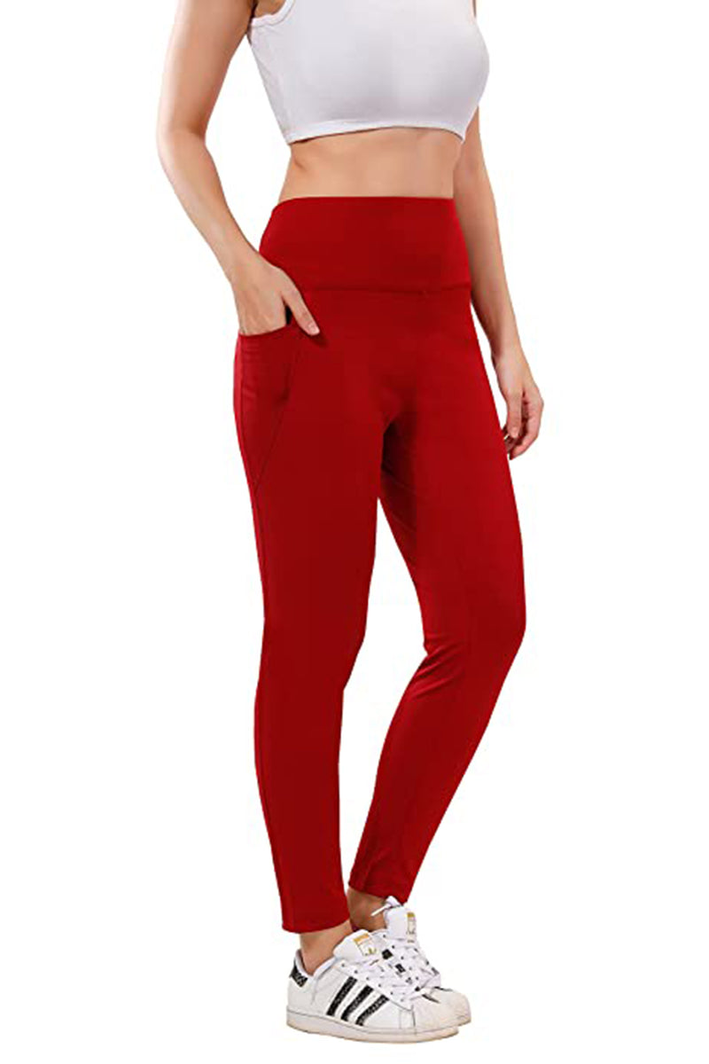 TRASA High Waist Active Yoga Pants for Women's with 2 Pockets - Maroon