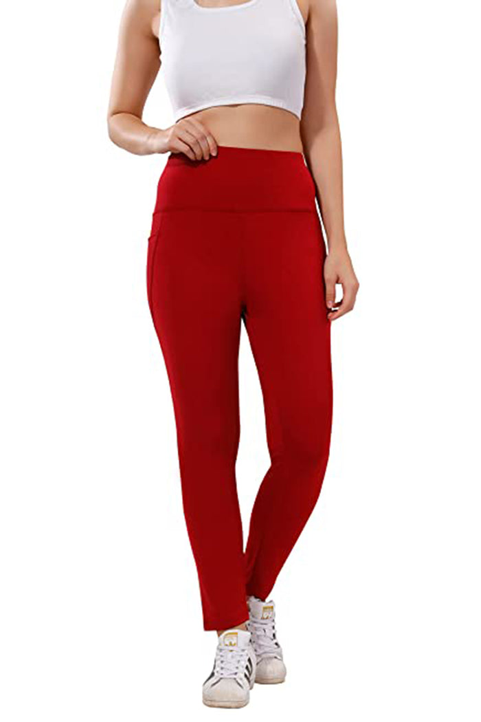 TRASA High Waist Active Yoga Pants for Women's with 2 Pockets - Maroon