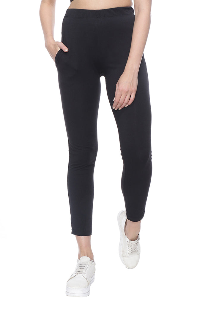 TRASA Kurti Pants for womens and girls super comfy stretchable cotton with one Side pocket - Black