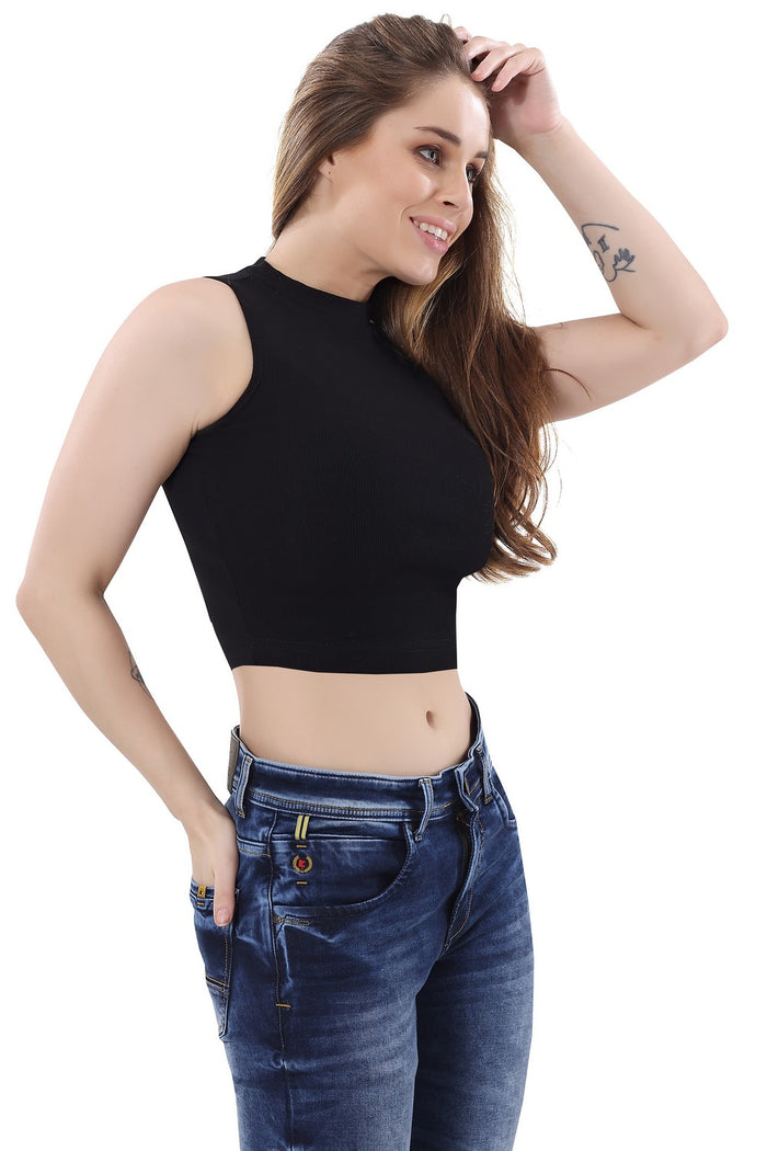 TRASA Women’s Sleeveless Halter Neck Crop Tops - Black