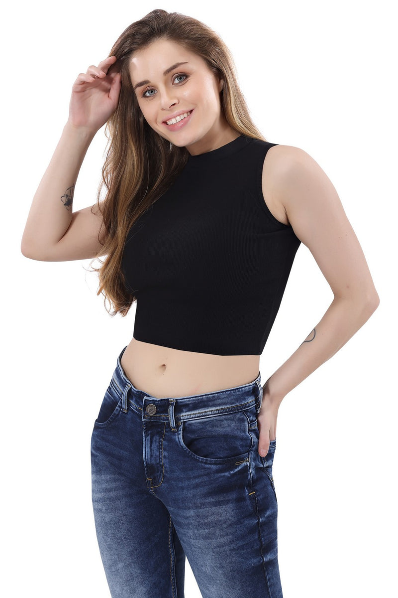 TRASA Women’s Sleeveless Halter Neck Crop Tops - Black
