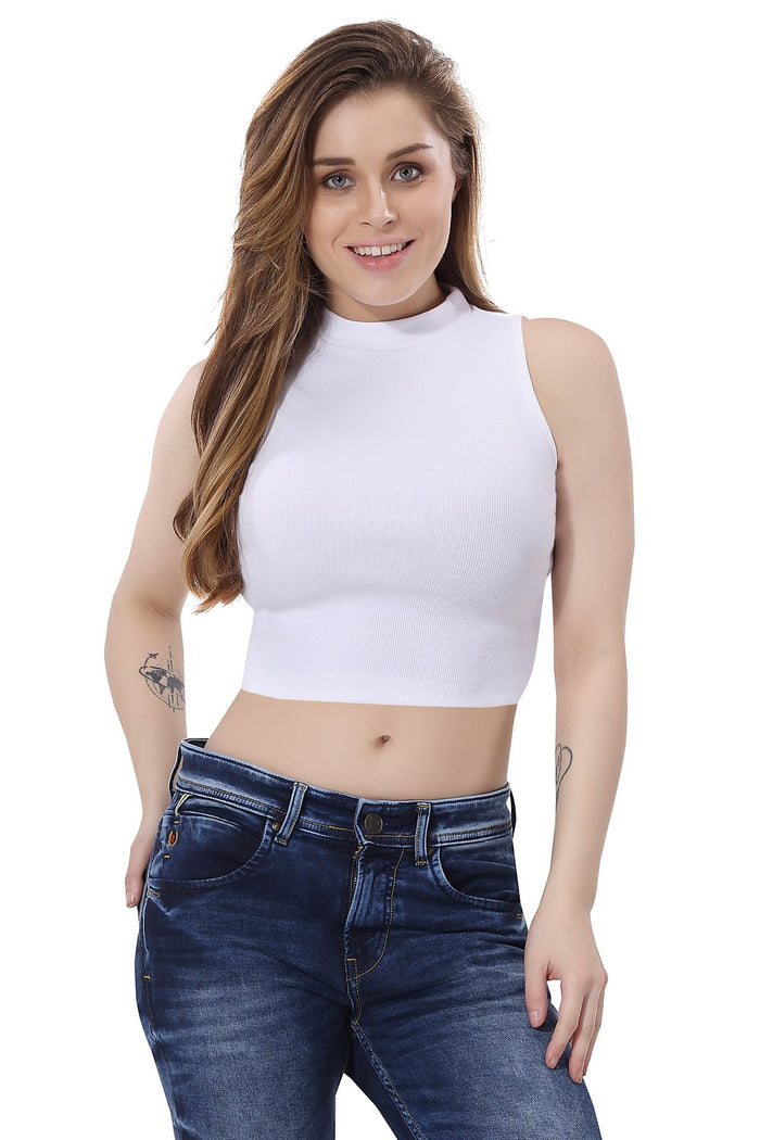 TRASA Women’s Sleeveless Halter Neck Crop Tops - White