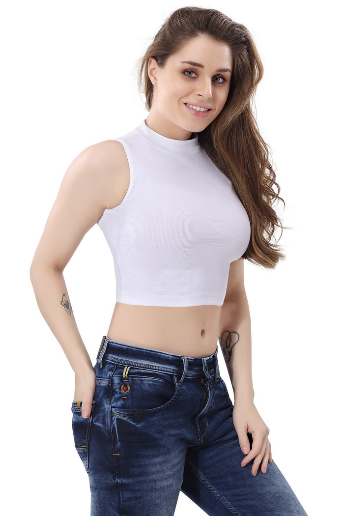 TRASA Women’s Sleeveless Halter Neck Crop Tops - White