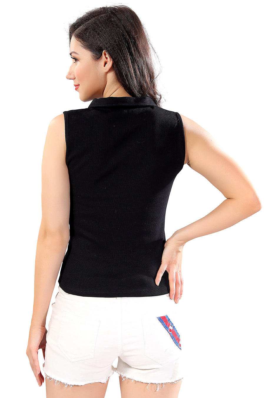 TRASA Women’s Sleeveless Cotton Collared Neck Crop Tank Tops-BLACK