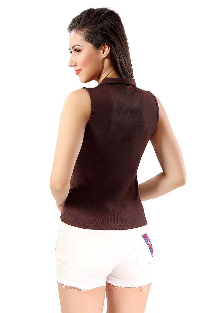 TRASA Women’s Sleeveless Cotton Collared Neck Crop Tank Tops-Brown