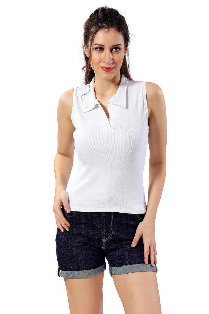 TRASA Women’s Sleeveless Cotton Collared Neck Crop Tank Tops-WHITE