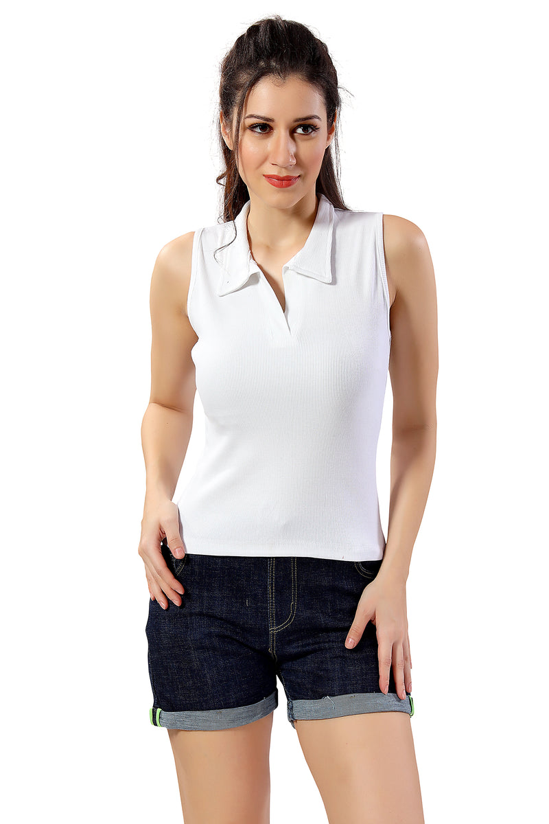 TRASA Women’s Sleeveless Cotton Collared Neck Crop Tank Tops-WHITE
