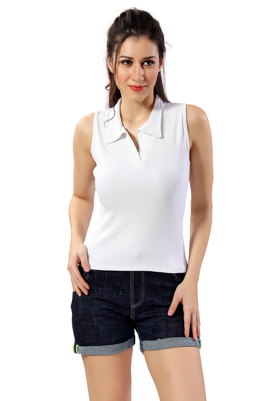 TRASA Women’s Sleeveless Cotton Collared Neck Crop Tank Tops-WHITE
