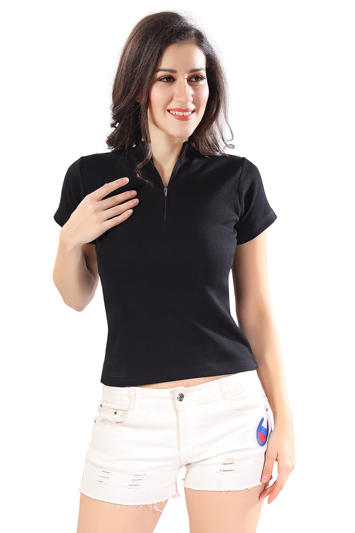 TRASA Women’s Short Sleeve  Cotton Racer Back Crop Tank Tops with Zip- Black