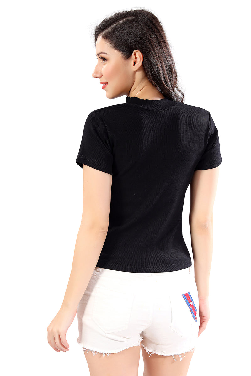 TRASA Women’s Short Sleeve  Cotton Racer Back Crop Tank Tops with Zip- Black