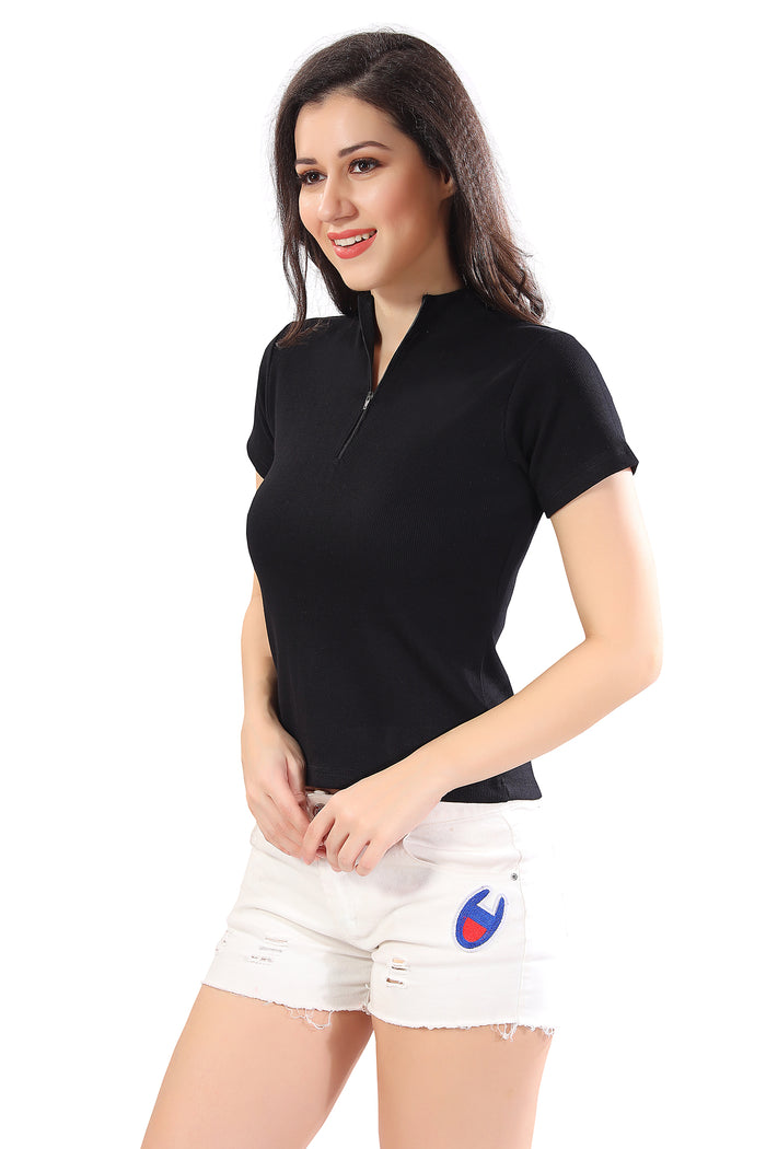 TRASA Women’s Short Sleeve  Cotton Racer Back Crop Tank Tops with Zip- Black