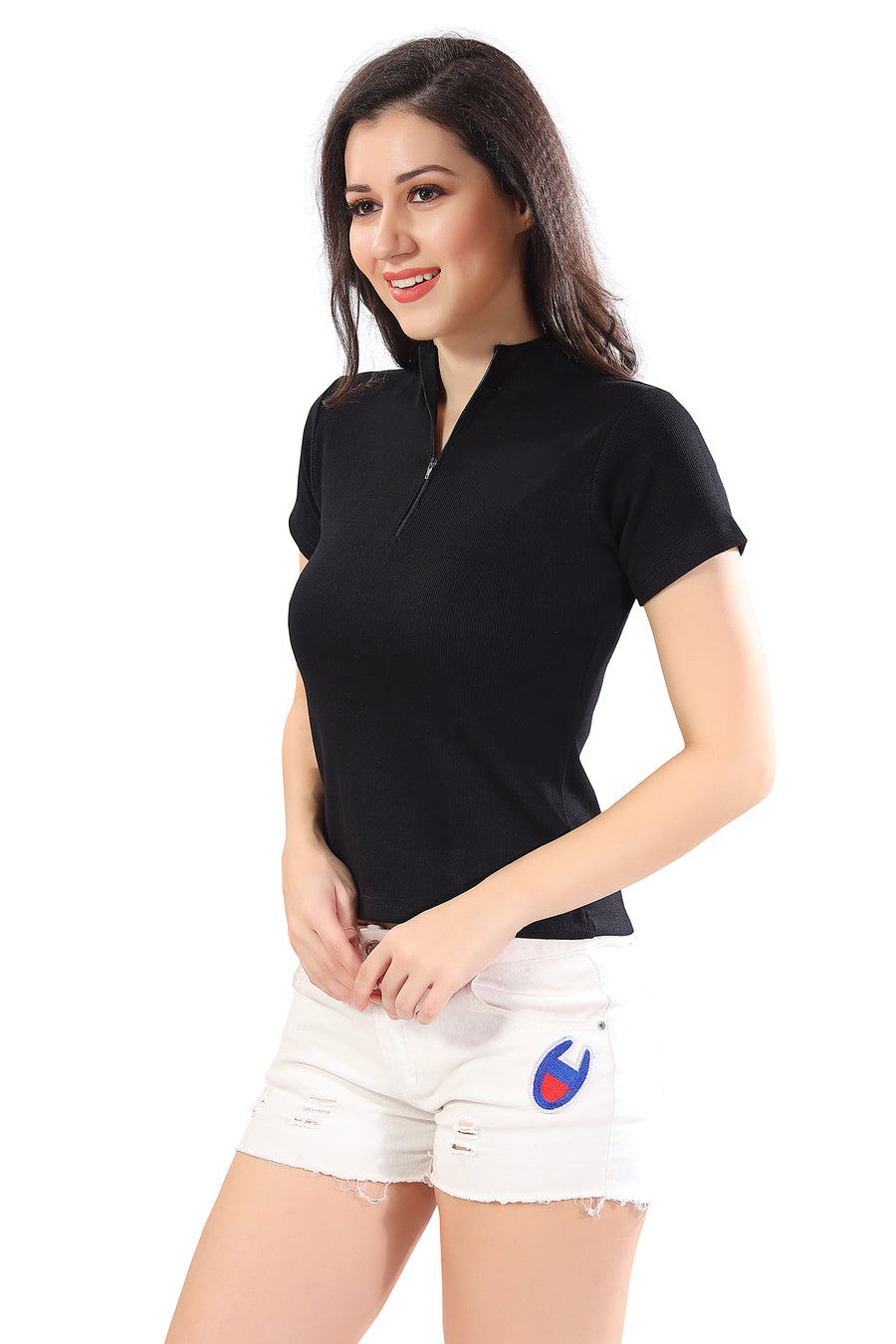 TRASA Women’s Short Sleeve  Cotton Racer Back Crop Tank Tops with Zip- Black