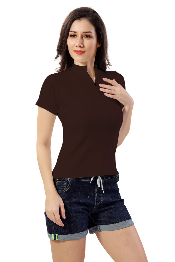 TRASA Women’s Short Sleeve Rib  Cotton  Crop Tank Tops with Zip- Brown