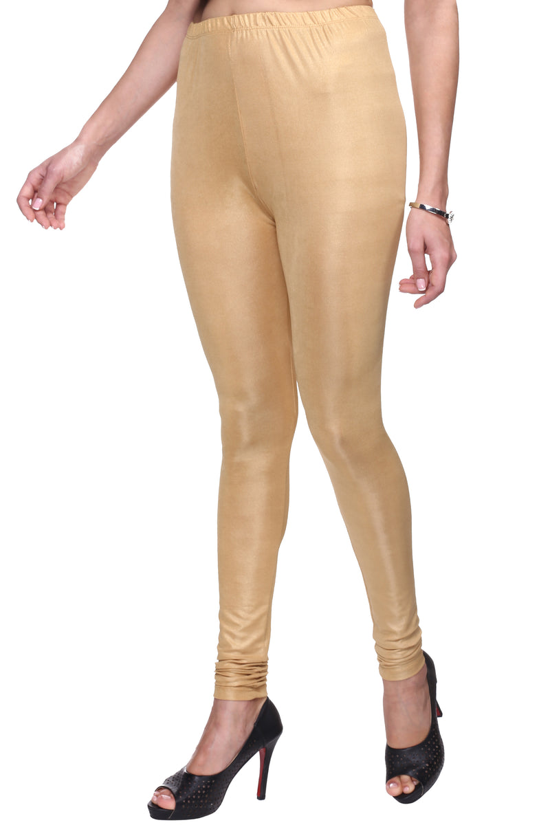 Trasa Shining Lycra Women's and Girls Full Length Churidar Leggings- Golden