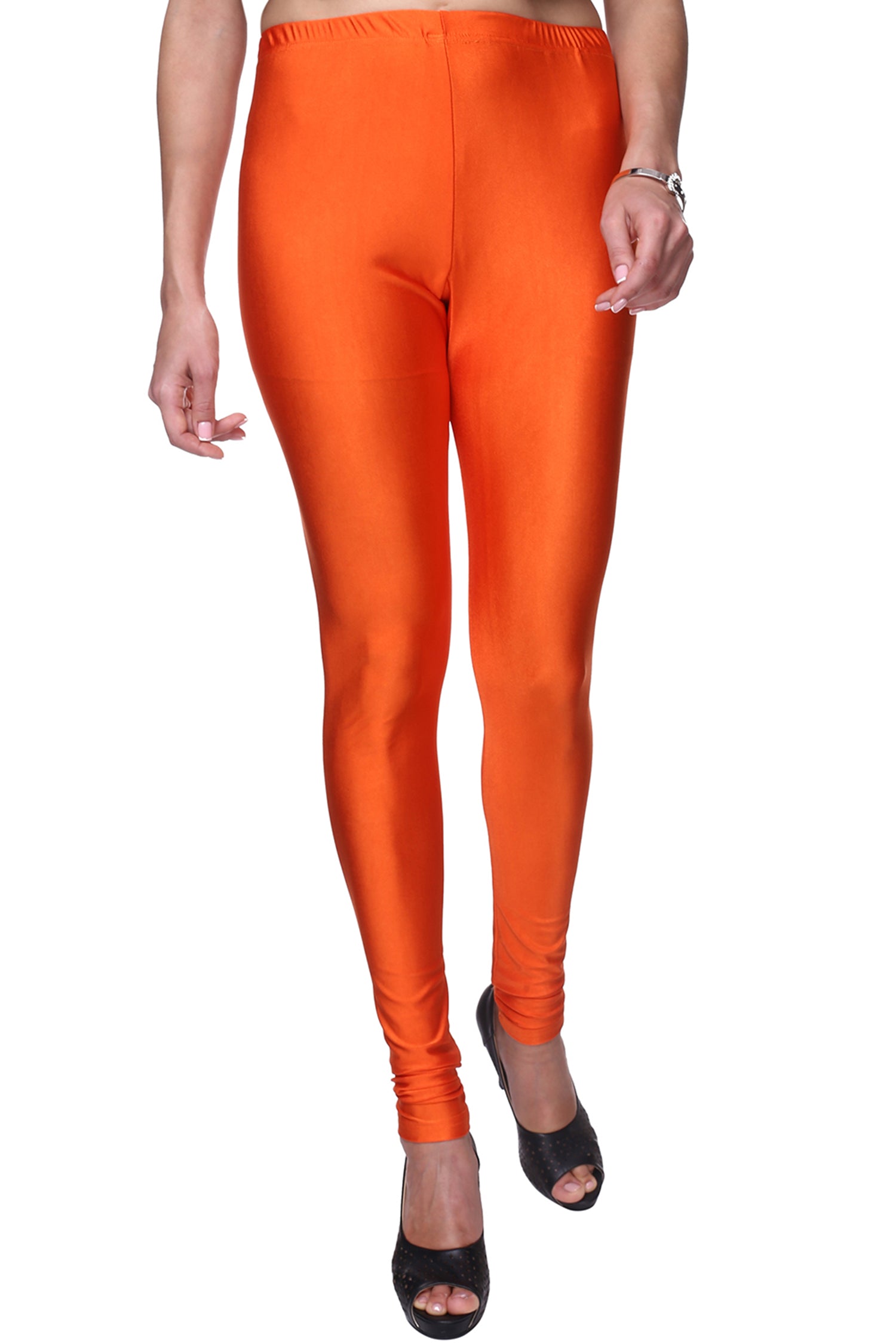 Trasa Shining Lycra Women's and Girls Full Length Churidar Leggings- Orange