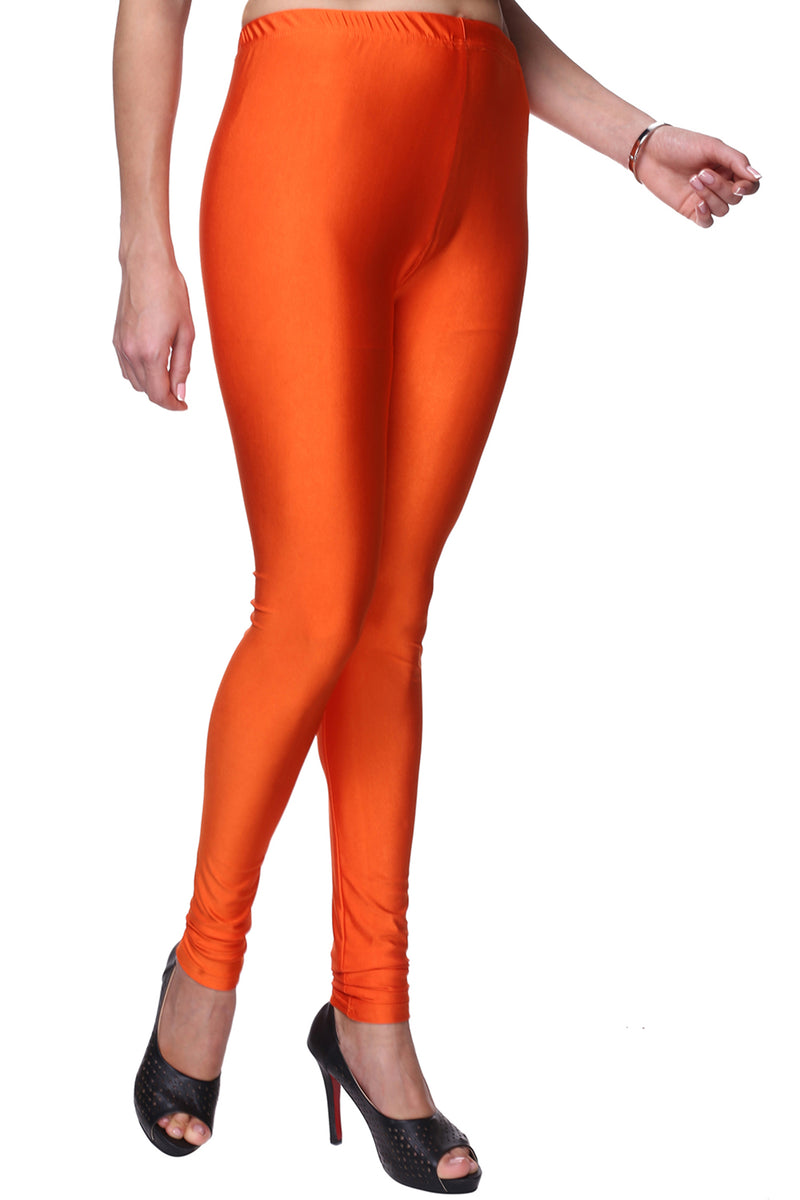 Trasa Shining Lycra Women's and Girls Full Length Churidar Leggings- Orange