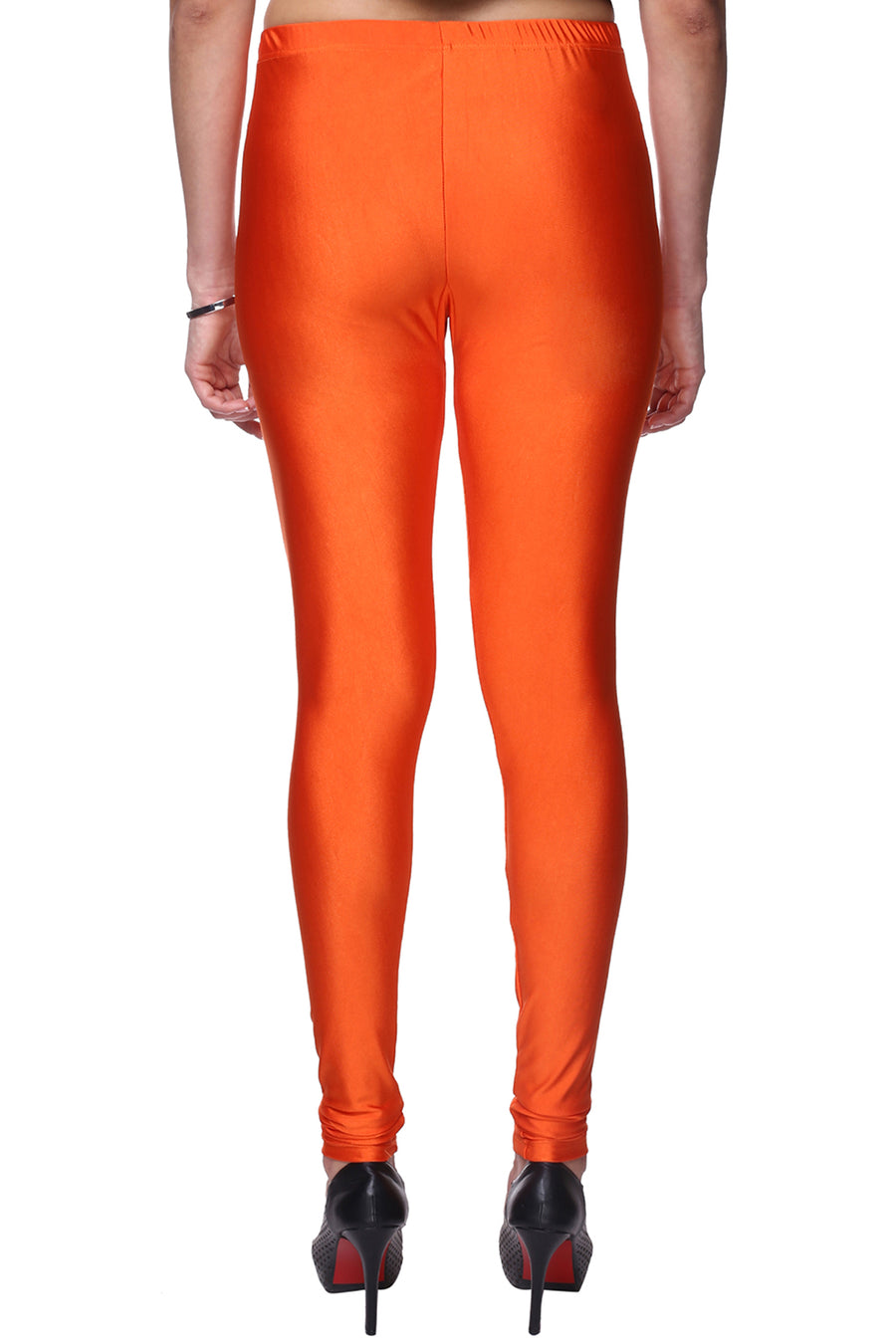 Trasa Shining Lycra Women's and Girls Full Length Churidar Leggings- Orange