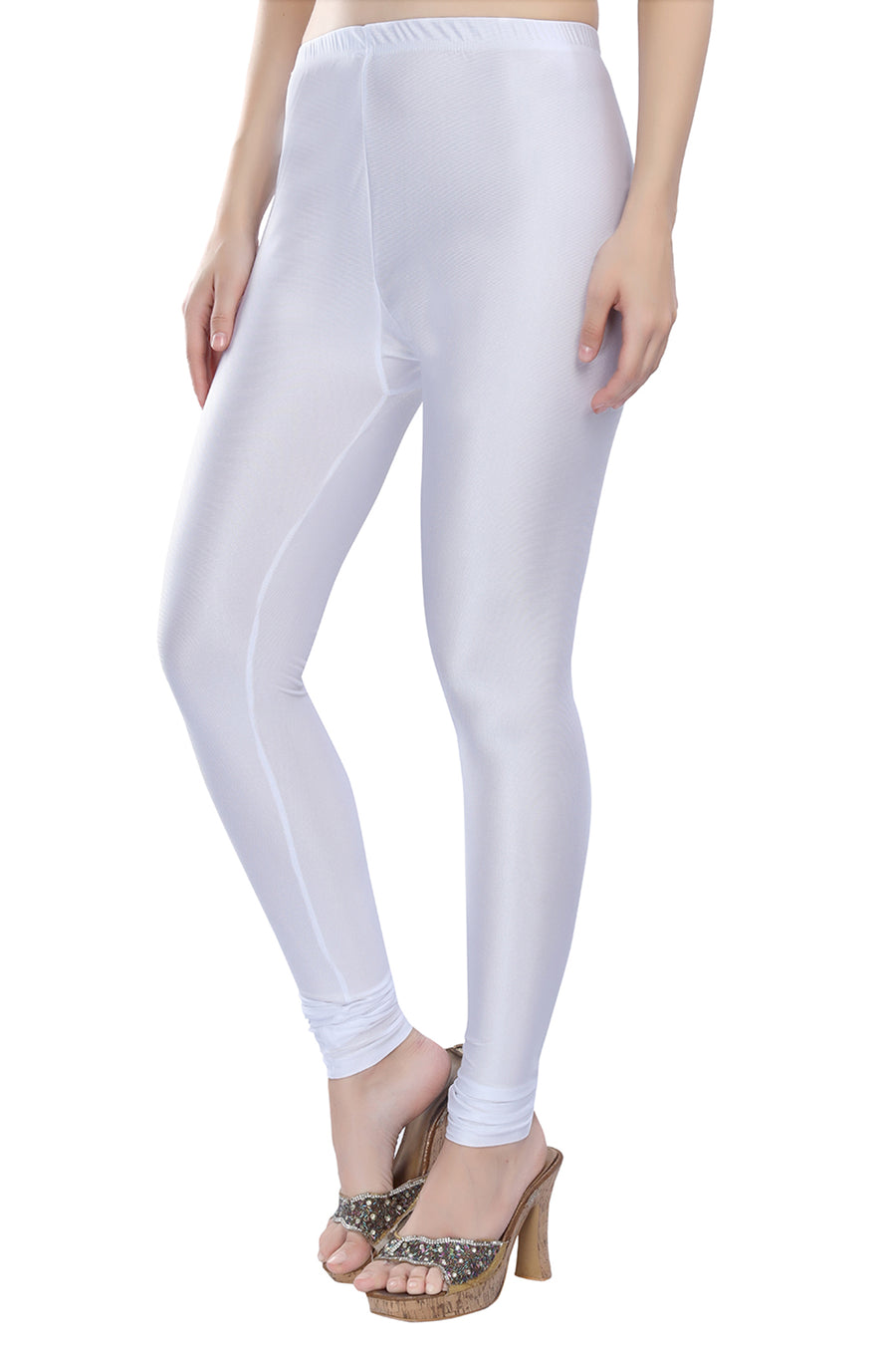 Trasa Shining Lycra Women's and Girls Full Length Churidar Leggings-White