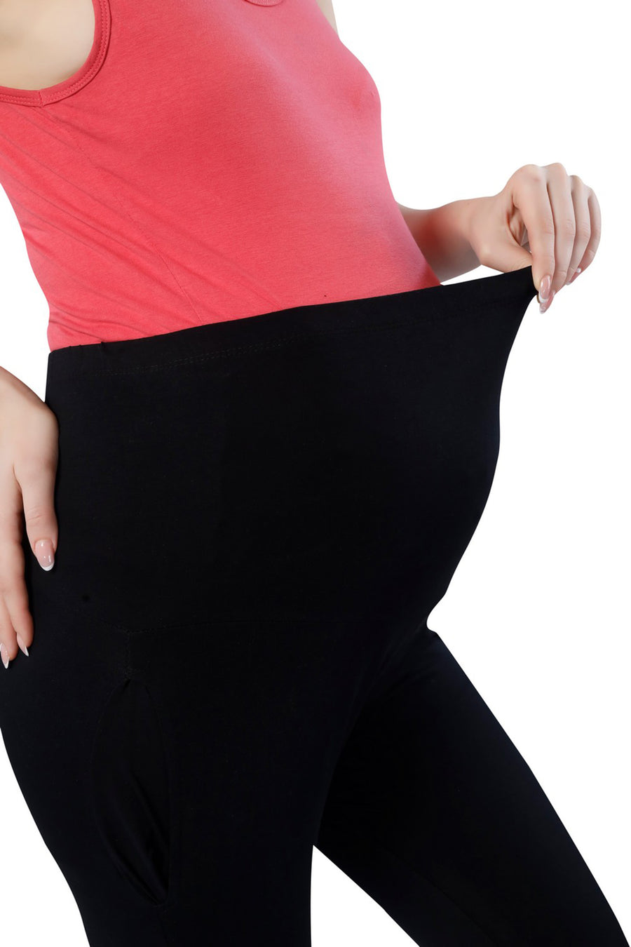 TRASA Women's Maternity Cotton Workout Leggings Over The Belly Pregnancy with Pockets - Black