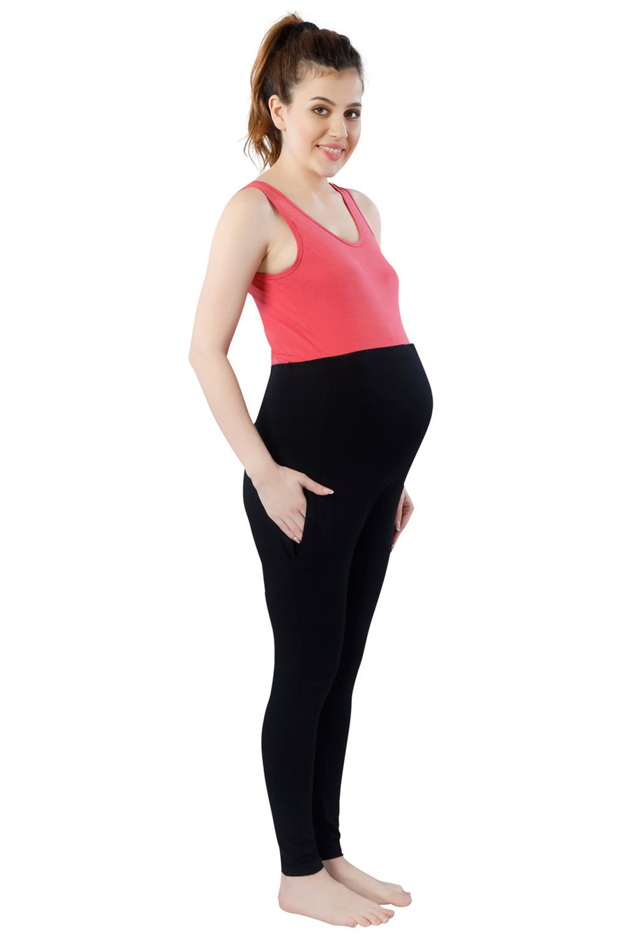 TRASA Women's Maternity Cotton Workout Leggings Over The Belly Pregnancy with Pockets - Black