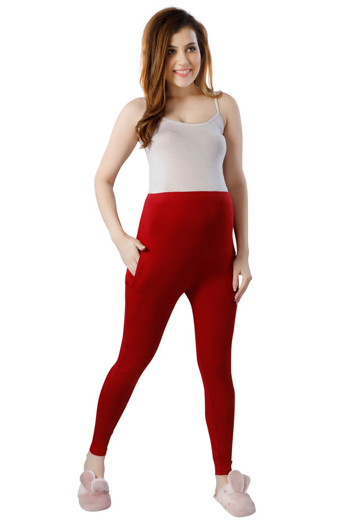TRASA Women's Maternity Cotton Workout Leggings Over The Belly Pregnancy Yoga Pants with Pockets- Maroon