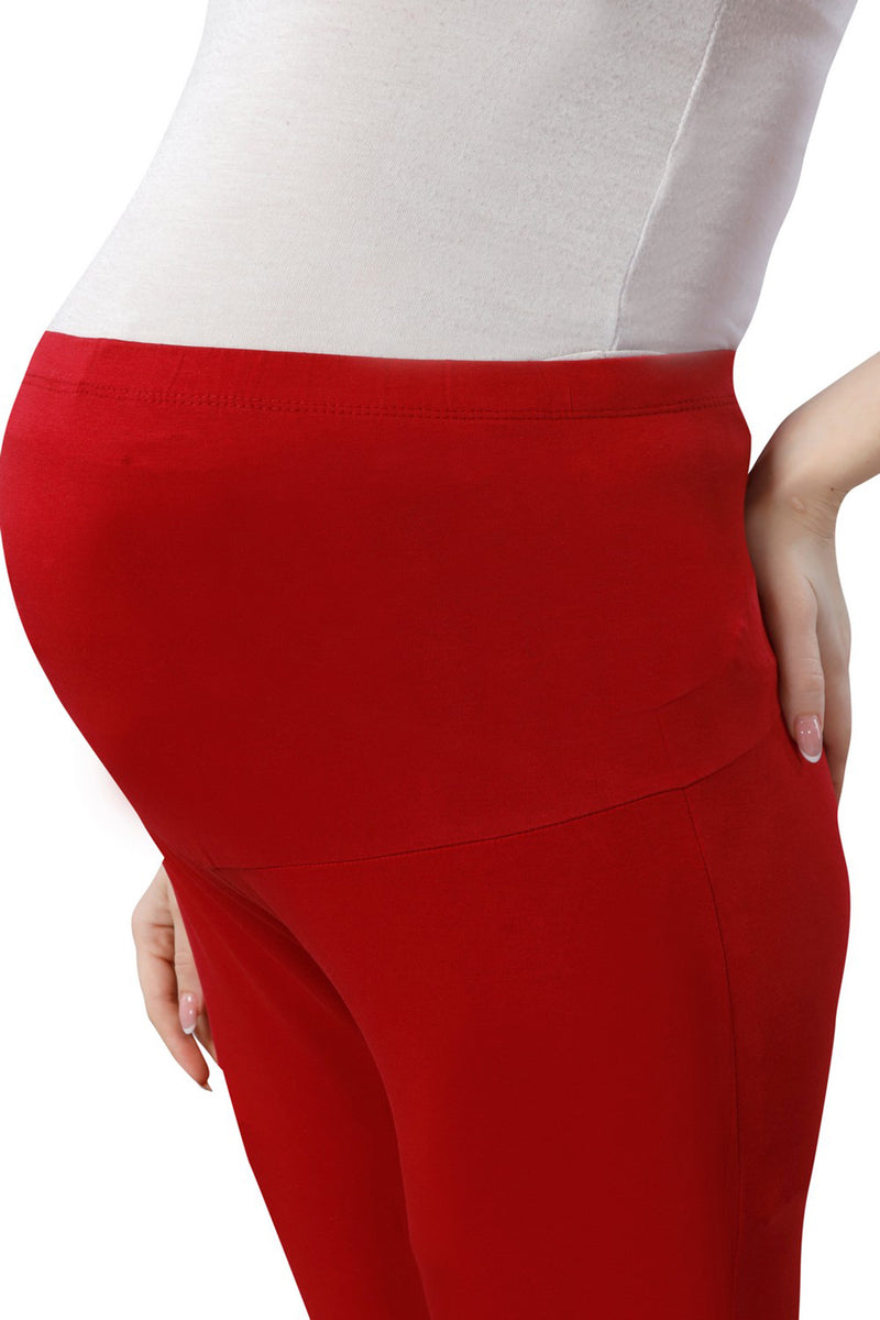 TRASA Women's Maternity Cotton Workout Leggings Over The Belly Pregnancy Yoga Pants with Pockets- Maroon