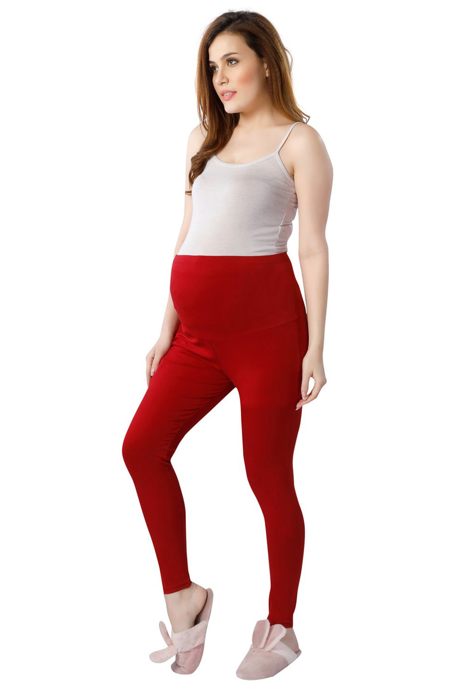 TRASA Women's Maternity Cotton Workout Leggings Over The Belly Pregnancy Yoga Pants with Pockets- Maroon