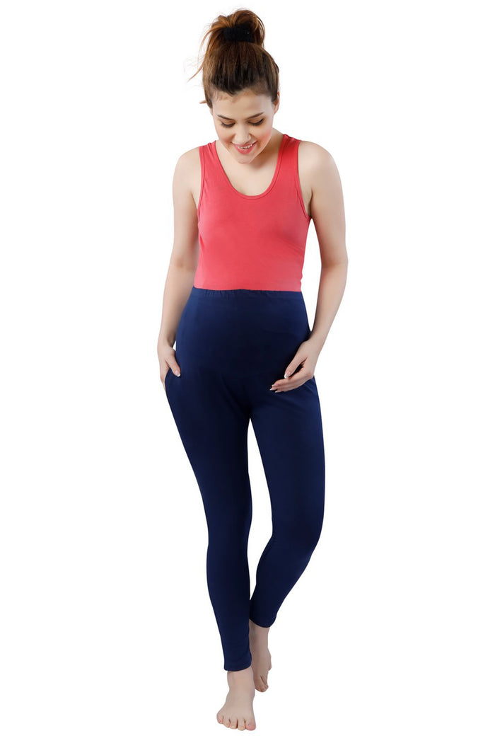 TRASA Women's Maternity Cotton  Leggings Pregnancy Yoga Pants with Pockets - Navy Blue