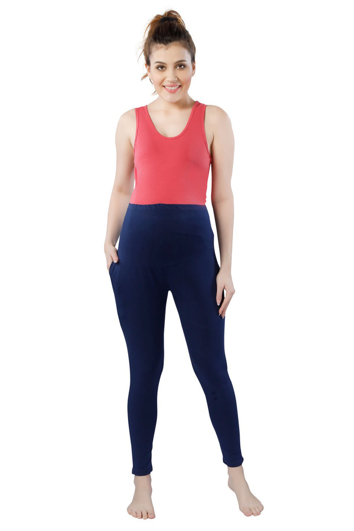 TRASA Women's Maternity Cotton  Leggings Pregnancy Yoga Pants with Pockets - Navy Blue
