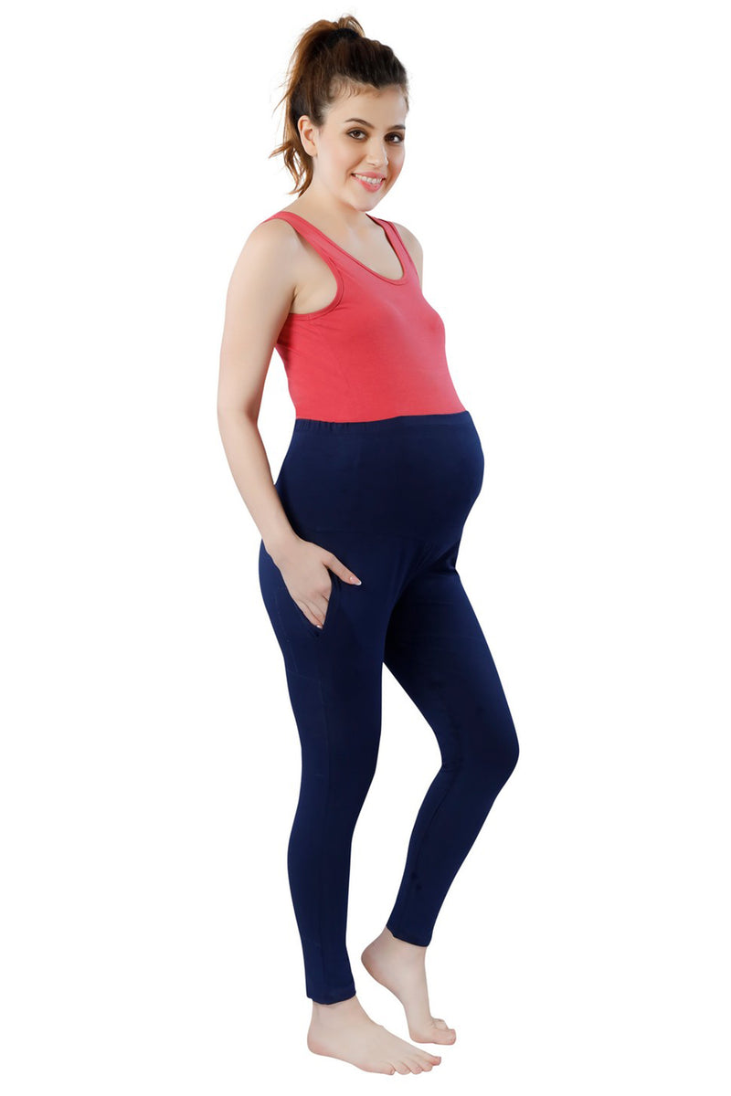 TRASA Women's Maternity Cotton  Leggings Pregnancy Yoga Pants with Pockets - Navy Blue