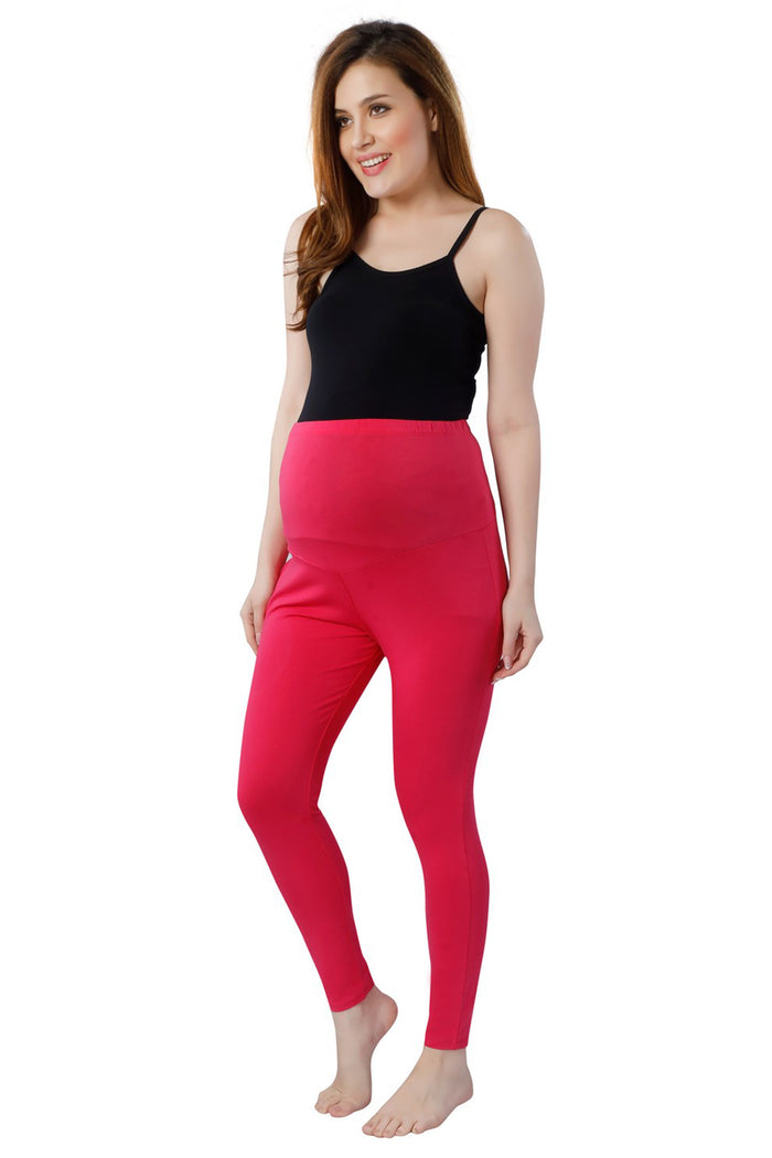 TRASA Women's Maternity Cotton Workout Leggings Over The Belly Pregnancy Yoga Pants with Pockets - Pink