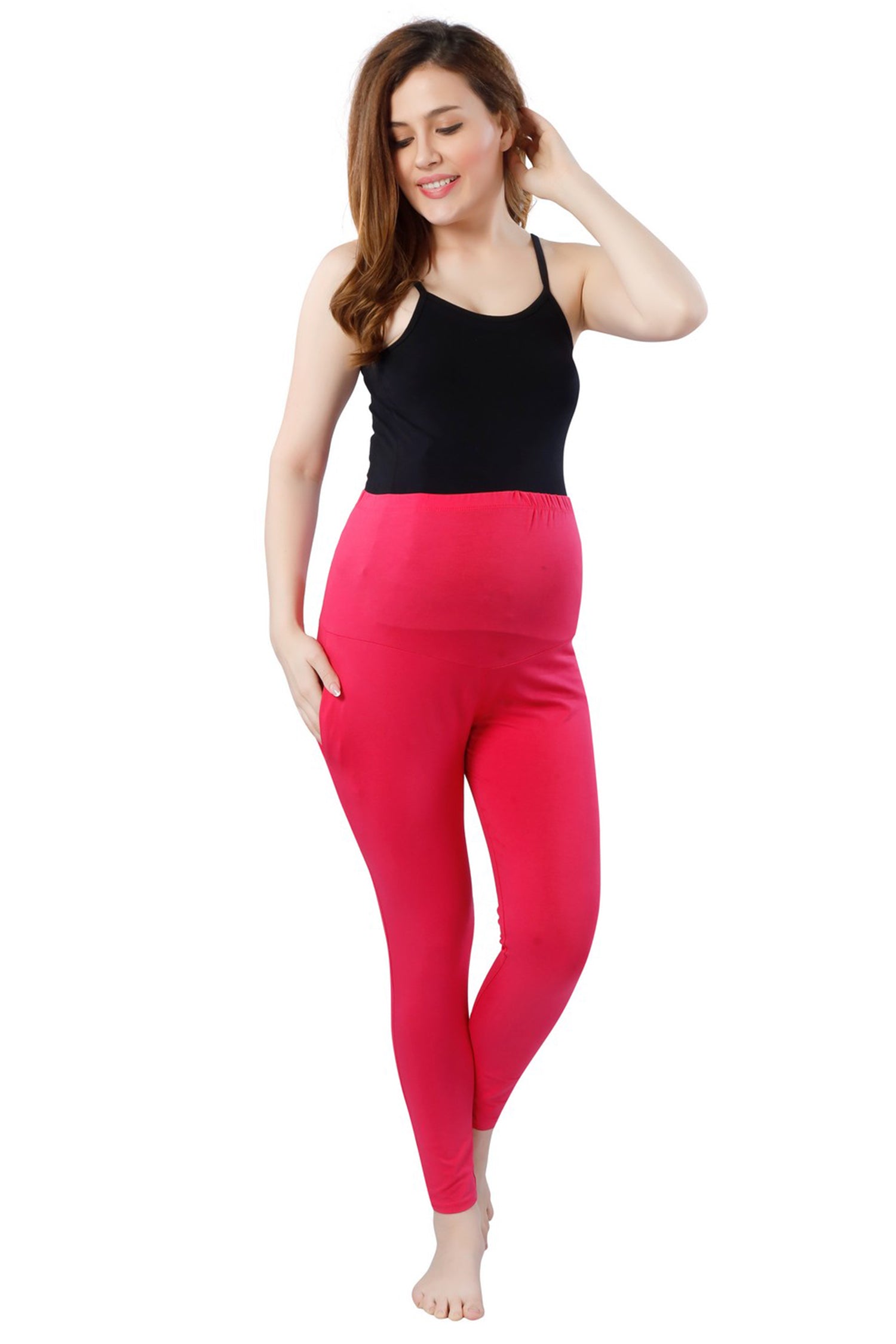 TRASA Women's Maternity Cotton Workout Leggings Over The Belly Pregnancy Yoga Pants with Pockets Pink