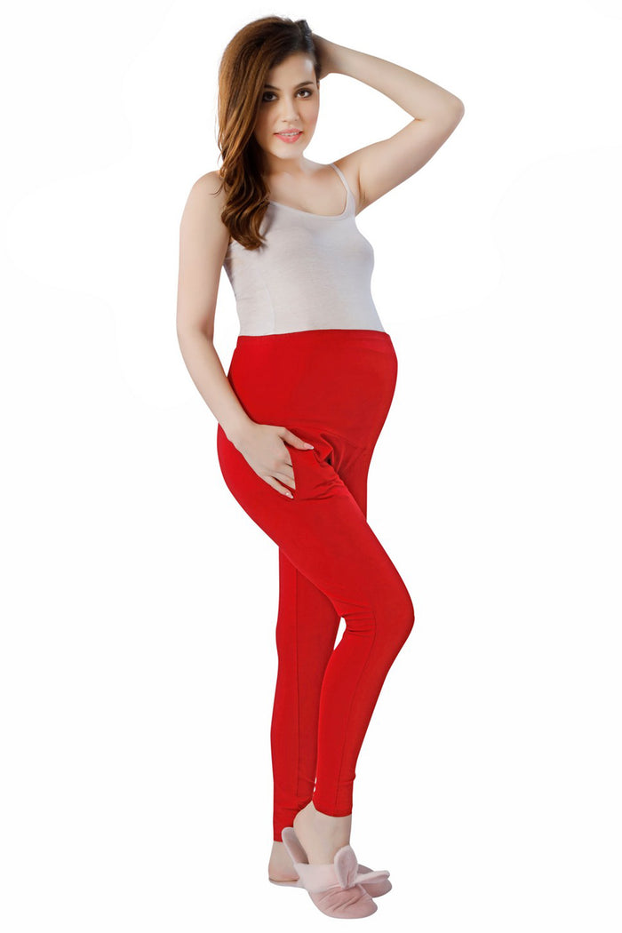 TRASA Women's Maternity Cotton Workout Leggings Over The Belly Pregnancy Yoga Pants with Pockets - Red