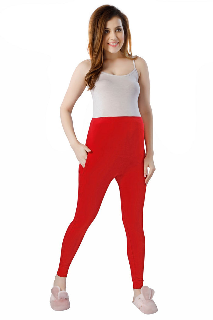 TRASA Women's Maternity Cotton Workout Leggings Over The Belly Pregnancy Yoga Pants with Pockets - Red