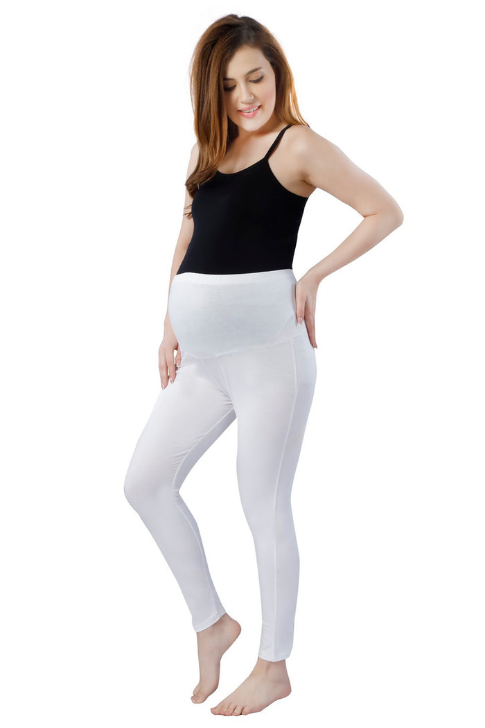 TRASA Women's Maternity Cotton Workout Leggings Over The Belly Pregnancy Yoga Pants with Pockets - White