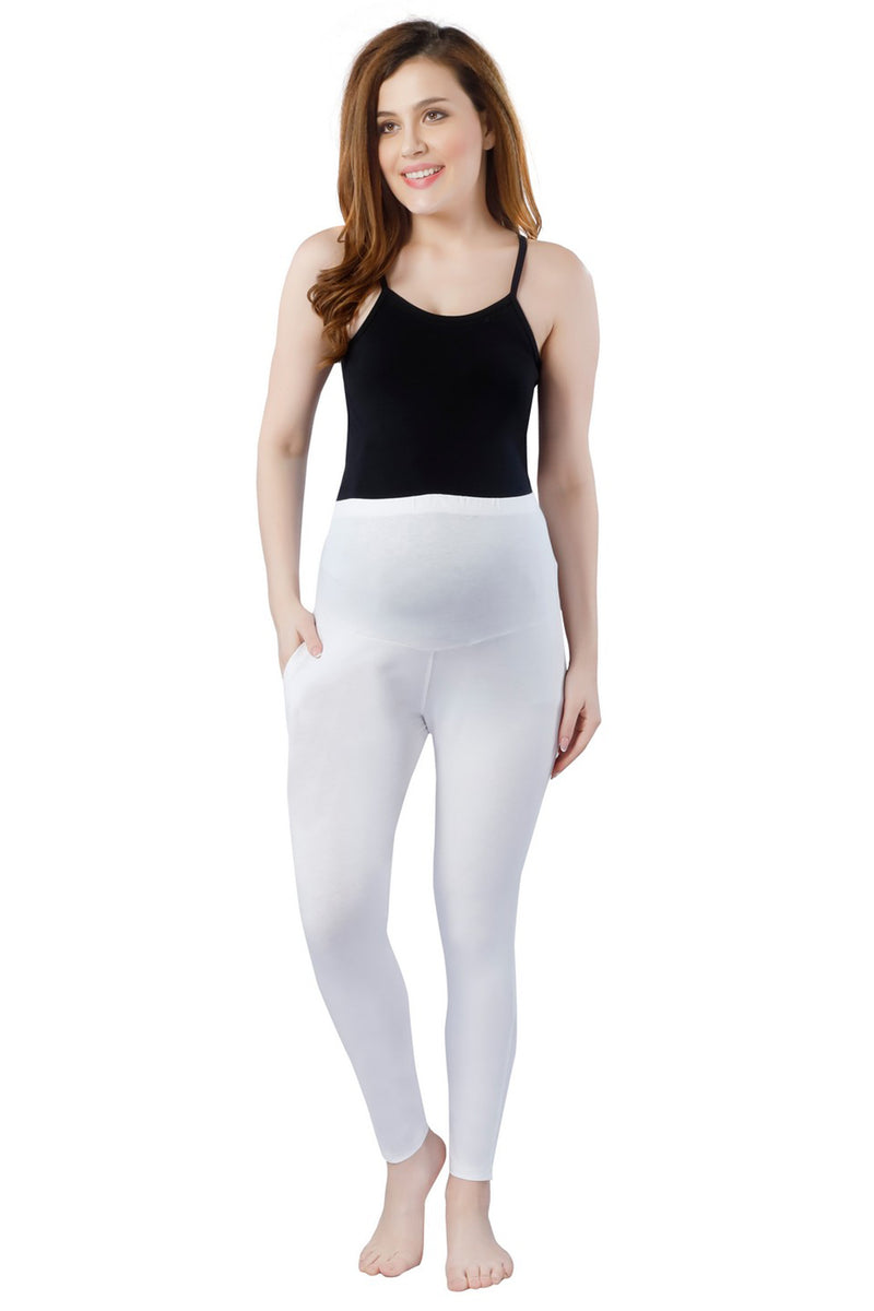 TRASA Women's Maternity Cotton Workout Leggings Over The Belly Pregnancy Yoga Pants with Pockets - White