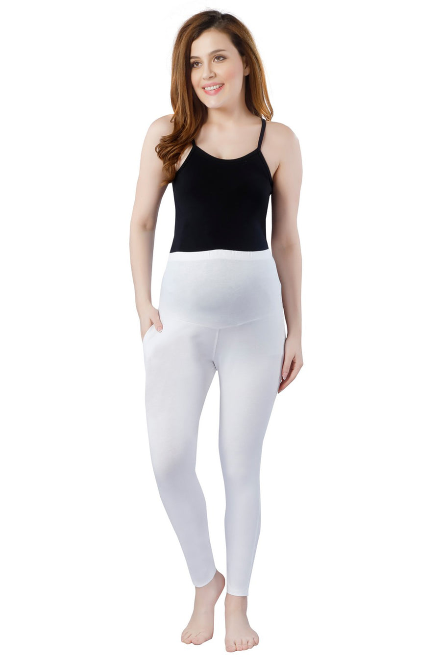 TRASA Women's Maternity Cotton Workout Leggings Over The Belly Pregnancy Yoga Pants with Pockets - White