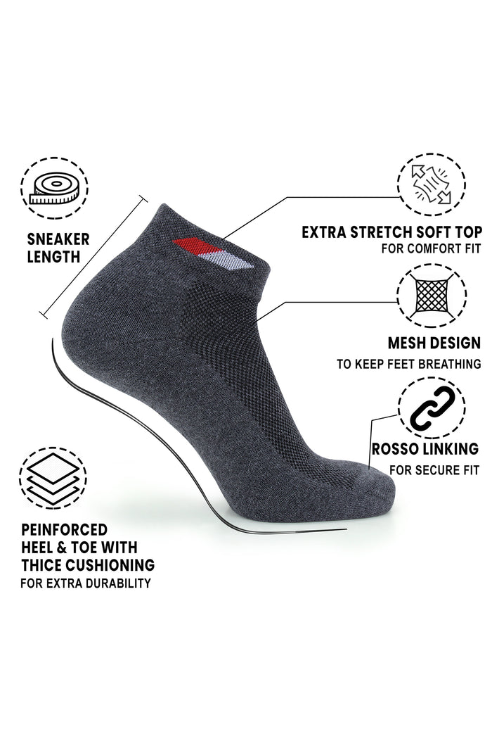 TRASA Men's Premium Cotton Solid Mesh Ankle Socks - Pack of 3