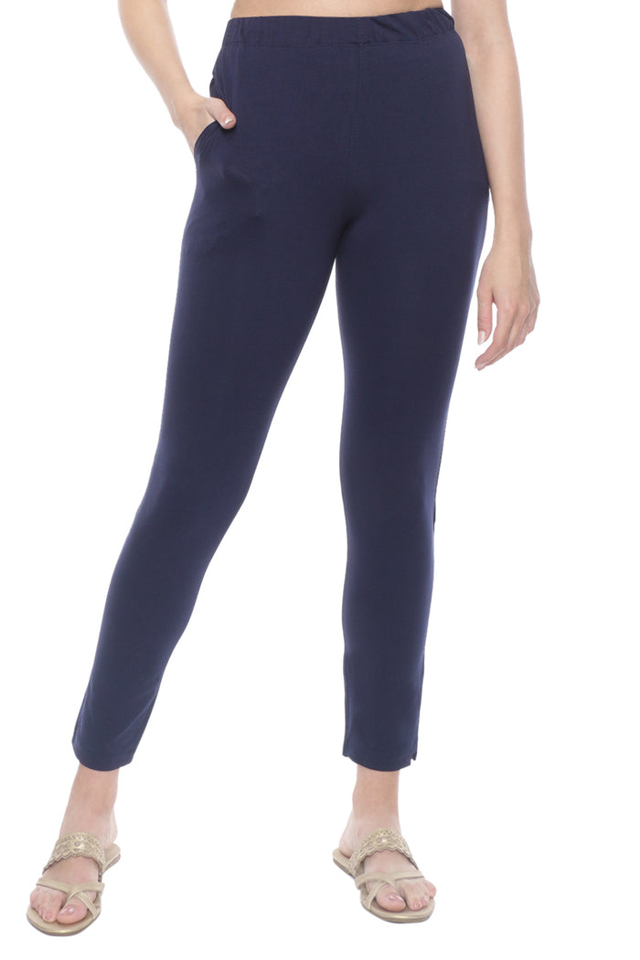 TRASA Kurti Pants for womens and girls super comfy stretchable cotton with one Side pocket - Navy Blue