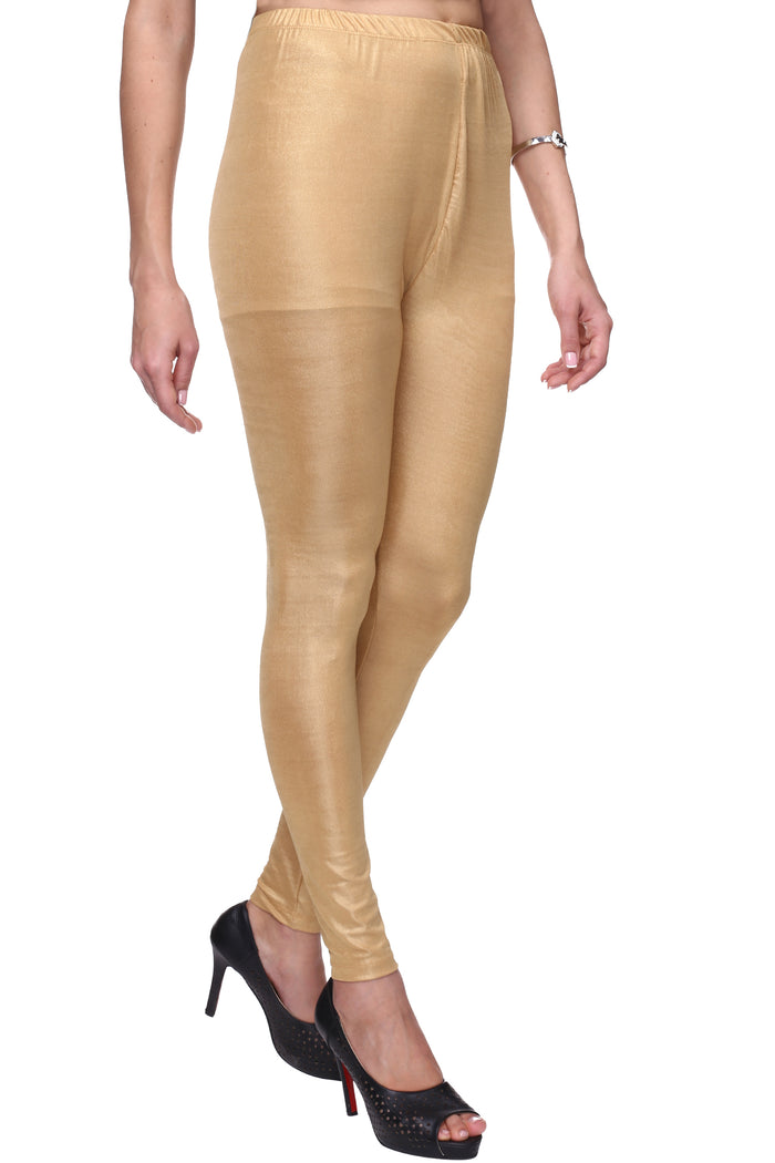 Trasa Women's / Girls Ankle Length Black Shiny Leggings - Golden