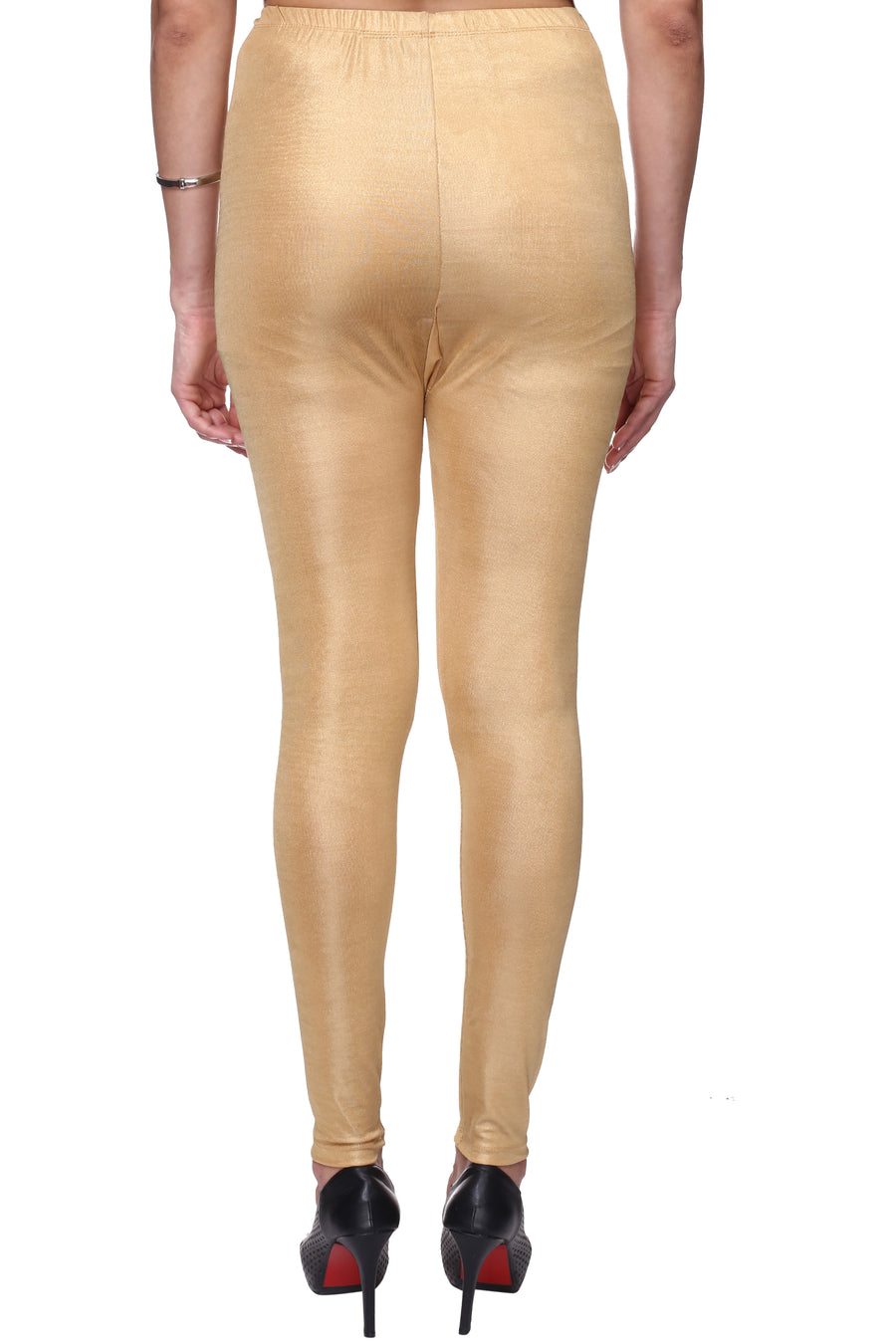Trasa Women's / Girls Ankle Length Black Shiny Leggings - Golden