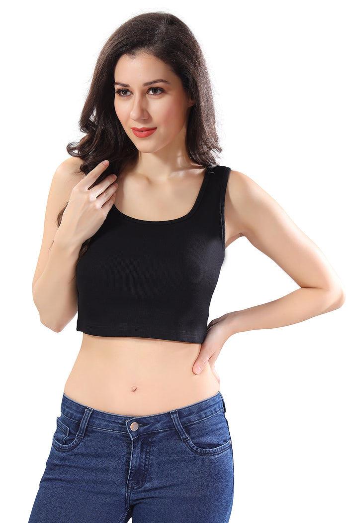 TRASA Women’s Sleeveless  Cotton  Square Neck Crop Tops- Black