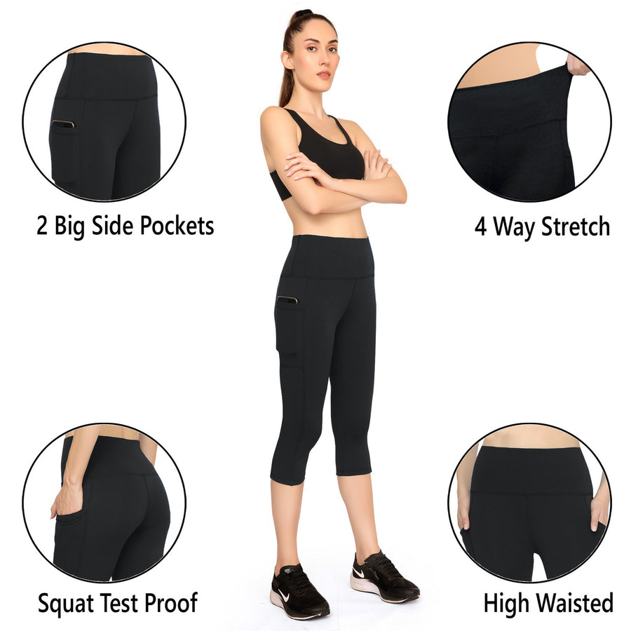 TRASA High Waist Active Yoga Pants for Women's with 2 Pockets - Black