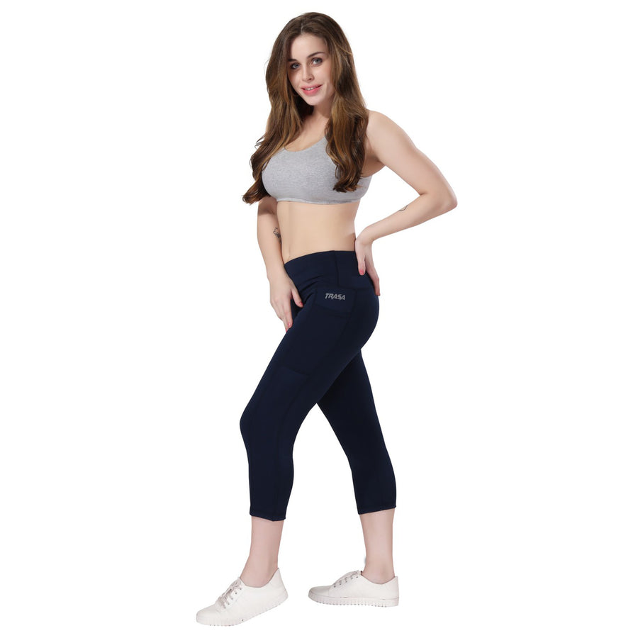 TRASA High Waist Active Yoga Pants for Women's with 2 Pockets - Navy Blue