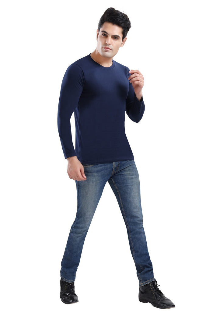 TRASA Men's Ultra Cotton Round Neck Slim Fit Full Sleeve T-Shirt - Navy blue