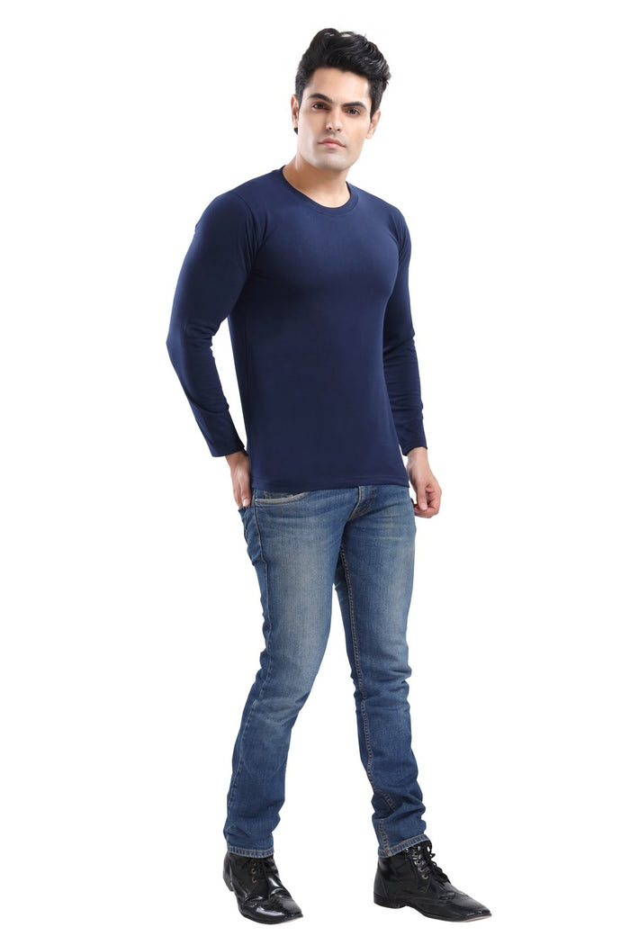 TRASA Men's Ultra Cotton Round Neck Slim Fit Full Sleeve T-Shirt - Navy blue
