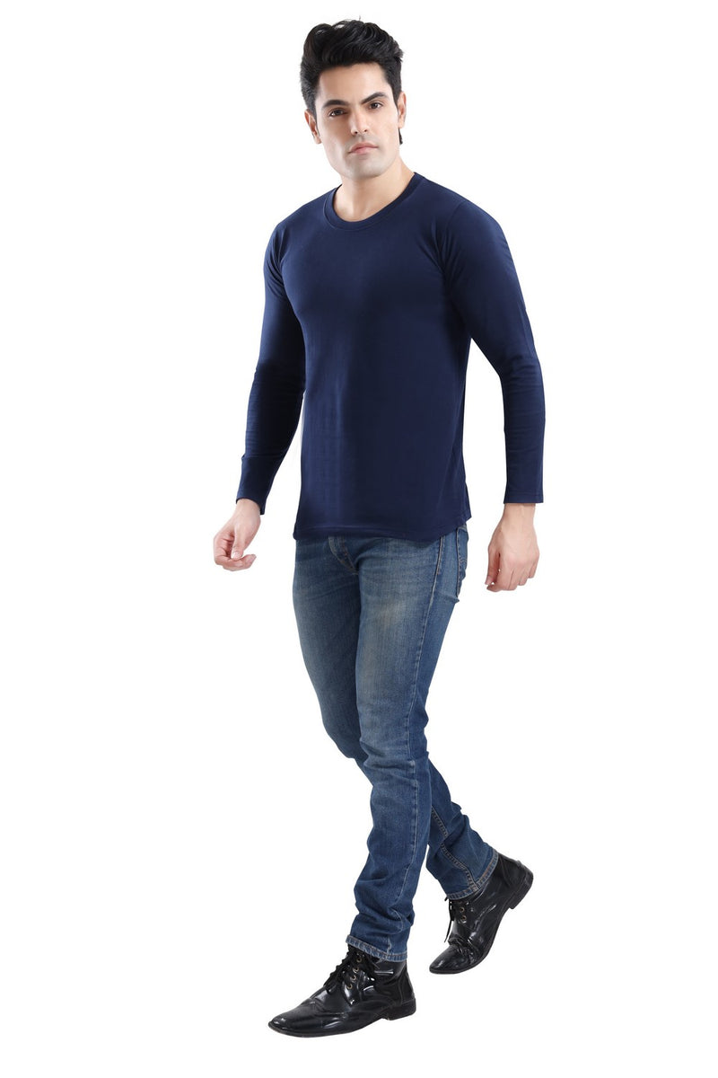 TRASA Men's Ultra Cotton Round Neck Slim Fit Full Sleeve T-Shirt - Navy blue