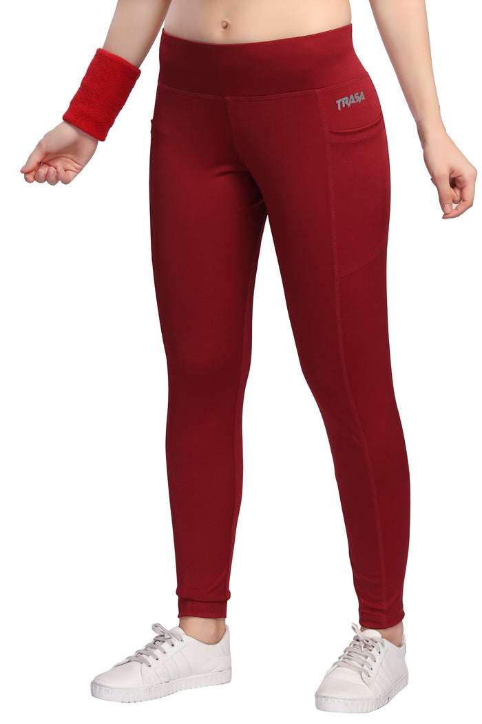 TRASA Active Yoga Pants for Women's Gym High Waist with 3 Pockets- Maroon