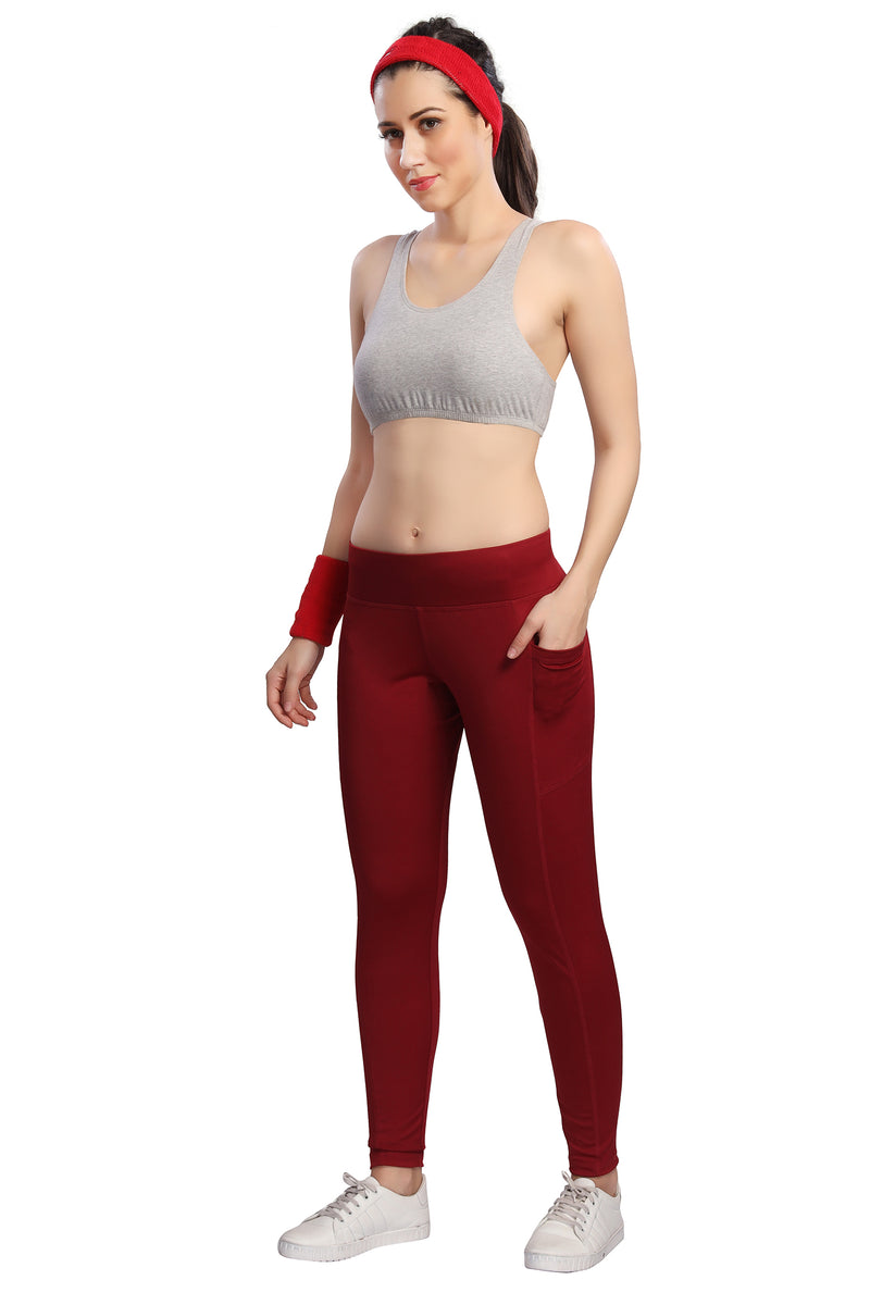 TRASA Active Yoga Pants for Women's Gym High Waist with 3 Pockets- Maroon