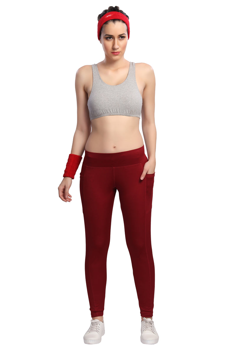 TRASA Active Yoga Pants for Women's Gym High Waist with 3 Pockets- Maroon